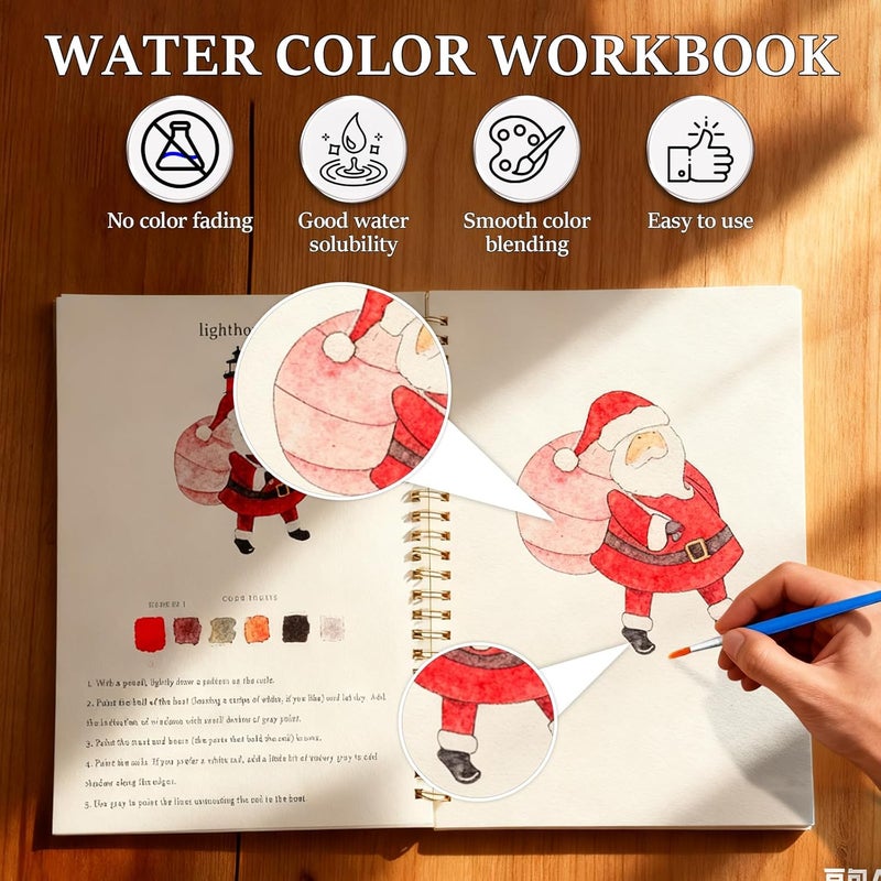 KOSIMI Watercolor Workbooks, Beginner Watercolor Painting Kit –Water Coloring Book Paint Set Workbook with 12 Watercolor Paints & Brush (C) - Image 4